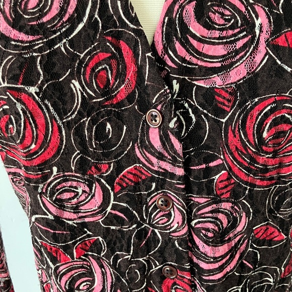Vintage INC Black Pink Red rose lace Floral Button Down Shirt - Picture 3 of 6